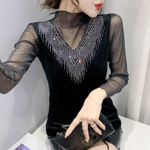 Autumn Winter Long Sleeved Mesh Tops Shirt Fashion Casual Diamonds Patchwork Women's T-Shirt Plus Size Female Clothing