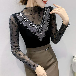 Autumn Winter Long Sleeved Mesh Tops Shirt Fashion Casual Diamonds Patchwork Women's T-Shirt Plus Size Female Clothing