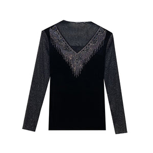 Autumn Winter Long Sleeved Mesh Tops Shirt Fashion Casual Diamonds Patchwork Women's T-Shirt Plus Size Female Clothing