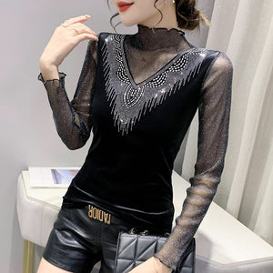 Autumn Winter Long Sleeved Mesh Tops Shirt Fashion Casual Diamonds Patchwork Women's T-Shirt Plus Size Female Clothing