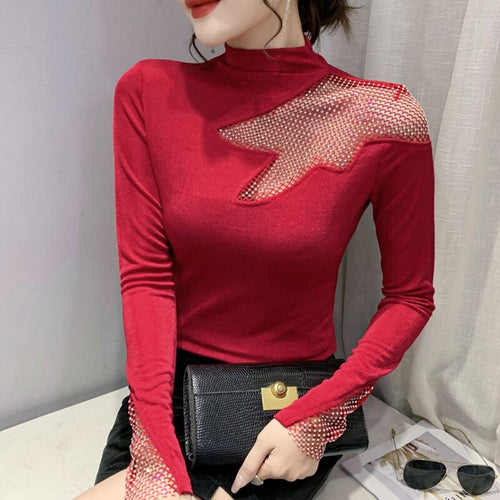 Autumn Winter New 2021 Women's Tops Shirt Fashion Sexy Hollow Out Diamonds Long Sleeve Mesh T-Shirt Plus Size Female Clothing