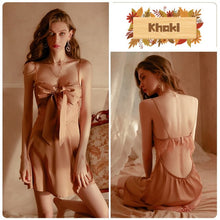 Load image into Gallery viewer, Autumn Winter New Lace Suspenders Nightdress Women&#39;s Perspective Temptation Satin Dress Backless Low-cut Pajamas Soft Home Wear