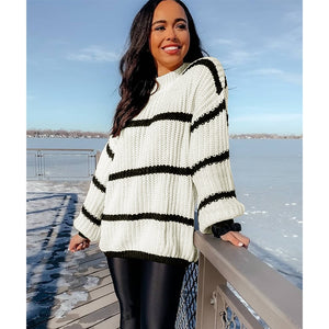 Autumn Winter New Women's Round Neck Retro Loose Striped Pullover Knitted Sweater