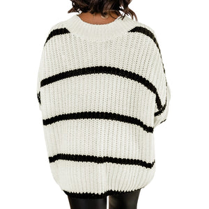 Autumn Winter New Women's Round Neck Retro Loose Striped Pullover Knitted Sweater