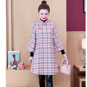 Autumn Winter Plus Velvet Thickening Improved Cheongsam Women Stand Collar Plaid Print Buckle Chinese Style Woolen Dress Female