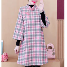 Load image into Gallery viewer, Autumn Winter Plus Velvet Thickening Improved Cheongsam Women Stand Collar Plaid Print Buckle Chinese Style Woolen Dress Female