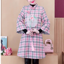 Load image into Gallery viewer, Autumn Winter Plus Velvet Thickening Improved Cheongsam Women Stand Collar Plaid Print Buckle Chinese Style Woolen Dress Female