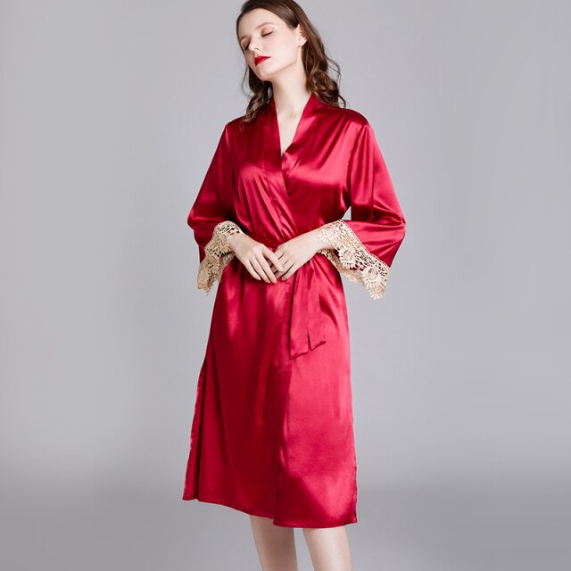 Autumn Winter Soft Sexy Sleepwear Satin Silk Nightgowns Women High Quality Ladies Nightgowns Lace Red Dress Camisola