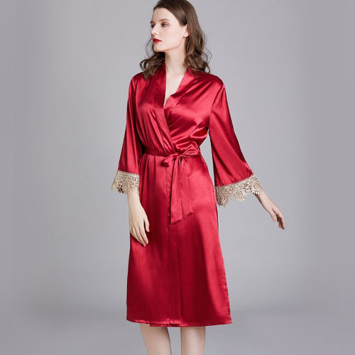 Autumn Winter Soft Sexy Sleepwear Satin Silk Nightgowns Women High Quality Ladies Nightgowns Lace Red Dress Camisola