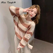 Load image into Gallery viewer, Autumn Winter Streped Knitted Sweater Women Patchwork Loose Pullover Sweater Female Casual Korean Designer Knitwear Sweater 2021