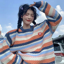 Load image into Gallery viewer, Autumn Winter Striped Knitted Sweater Women Casual Patchwork Oversized Pullover Sweater Female Korean Style Warm Sweater 2021