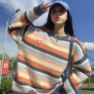 Autumn Winter Striped Knitted Sweater Women Casual Patchwork Oversized Pullover Sweater Female Korean Style Warm Sweater 2021