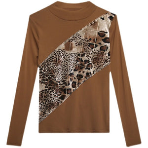 Autumn Winter Turtleneck Women Tops Fashion Long Sleeve Patchwork Mesh T-Shirt Plus Size Diamond Blusas Shirt