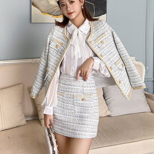Autumn Winter Tweed Two Piece  Set Fashion Woolen Tweed Jacket Coat + Elegant A-Line Skirt Suits Two Piece Set Women