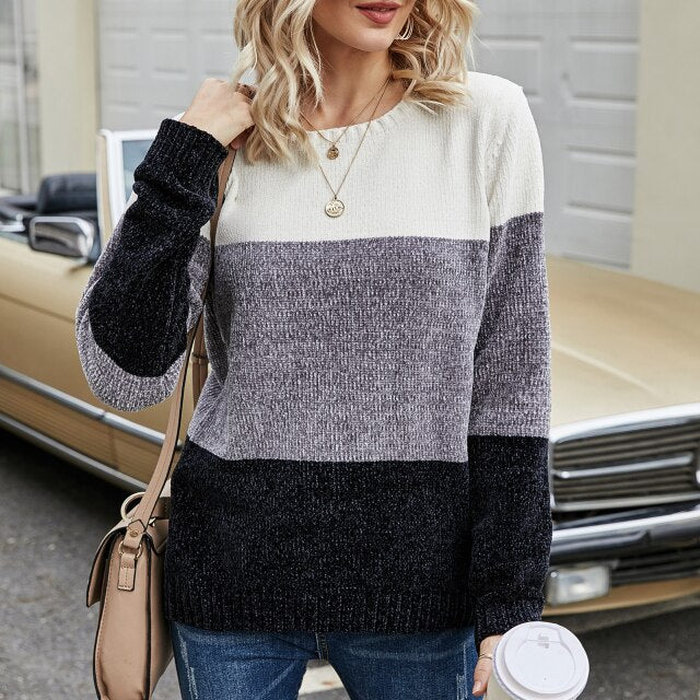 Autumn Winter Women Patchwork Sweater O-Neck Knitted Tops Feminina Female Ladies Clothing Knit Jumpers Long Sleeve Loose Casual