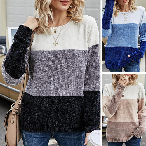 Autumn Winter Women Patchwork Sweater O-Neck Knitted Tops Feminina Female Ladies Clothing Knit Jumpers Long Sleeve Loose Casual