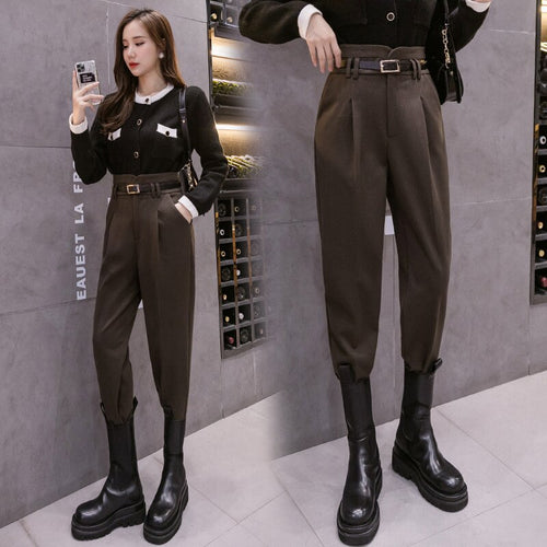 Autumn Winter Women's Ankle-Length Pants Wool Suit Thick Pants Women High Waist Harem Pants with Belt  Womens Loose Trousers