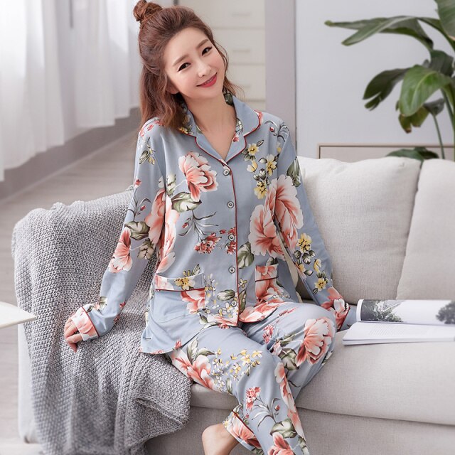 Autumn Winter Women's Pajamas Sets Flower Print Luxury Female Two Pieces Shirts + Pants Nighties Soft Cotton Sleepwear Plus Size