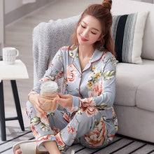 Load image into Gallery viewer, Autumn Winter Women&#39;s Pajamas Sets Flower Print Luxury Female Two Pieces Shirts + Pants Nighties Soft Cotton Sleepwear Plus Size