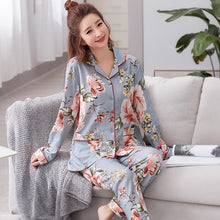 Load image into Gallery viewer, Autumn Winter Women&#39;s Pajamas Sets Flower Print Luxury Female Two Pieces Shirts + Pants Nighties Soft Cotton Sleepwear Plus Size