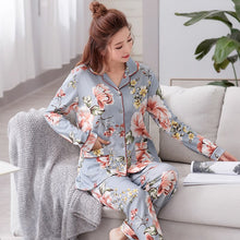 Load image into Gallery viewer, Autumn Winter Women&#39;s Pajamas Sets Flower Print Luxury Female Two Pieces Shirts + Pants Nighties Soft Cotton Sleepwear Plus Size