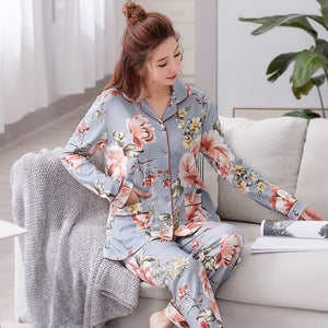 Autumn Winter Women's Pajamas Sets Flower Print Luxury Female Two Pieces Shirts + Pants Nighties Soft Cotton Sleepwear Plus Size