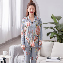 Load image into Gallery viewer, Autumn Winter Women&#39;s Pajamas Sets Flower Print Luxury Female Two Pieces Shirts + Pants Nighties Soft Cotton Sleepwear Plus Size