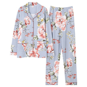 Autumn Winter Women's Pajamas Sets Flower Print Luxury Female Two Pieces Shirts + Pants Nighties Soft Cotton Sleepwear Plus Size