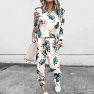 Autumn Winter Women's Print Leisure Two Piece Suit Home Loose Sports Fashion Leisure Suit Fashion Top And Pants S-3XL