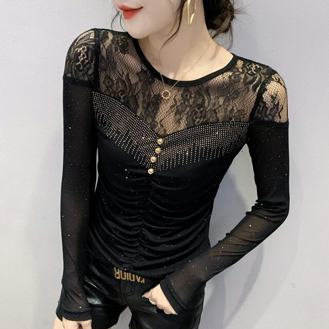 Autumn Women Clothing Fashion Casual Long Sleeve Sexy Lace Tops Elegant Slim Patchwork Hot Drilling Women's T-Shirt