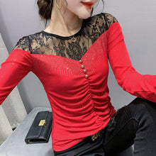 Load image into Gallery viewer, Autumn Women Clothing Fashion Casual Long Sleeve Sexy Lace Tops Elegant Slim Patchwork Hot Drilling Women&#39;s T-Shirt