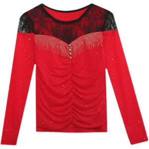 Autumn Women Clothing Fashion Casual Long Sleeve Sexy Lace Tops Elegant Slim Patchwork Hot Drilling Women&#39;s T-Shirt