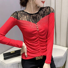 Load image into Gallery viewer, Autumn Women Clothing Fashion Casual Long Sleeve Sexy Lace Tops Elegant Slim Patchwork Hot Drilling Women&#39;s T-Shirt