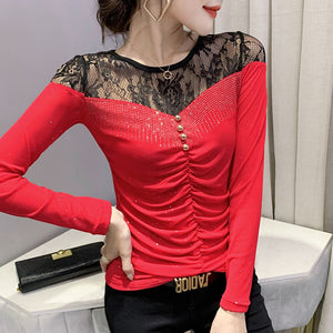 Autumn Women Clothing Fashion Casual Long Sleeve Sexy Lace Tops Elegant Slim Patchwork Hot Drilling Women&#39;s T-Shirt