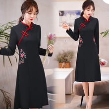 Load image into Gallery viewer, Autumn Women Floral Embroidery Improved Cheongsam Long Sleeve Stand Collar Buckle Chinese Style Slim Knee Length Dress Female