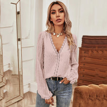 Load image into Gallery viewer, Autumn Women Shirts V Neck Solid Color Lace Patchwork Long Sleeve Pullover Shirts Lady Tops Plunging Collar Casual Offcie Lady