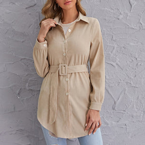 Autumn Women Vintage Corduroy Coat Jackets Long Shirt With Belt High Waist Full Sleeve Blouse Button Up Oversize Tops Outwear