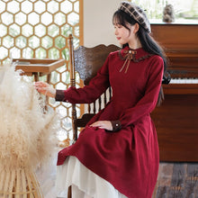 Load image into Gallery viewer, Autumn Women&#39;s Clothing Dress Sweet Retro Long-sleeved Bow Cute Lapel Solid Color Simple French Dress Red Vestidos de mujer
