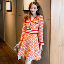 Load image into Gallery viewer, Autumn and Winter Vintage Print Hit The Color High Waist Mini Dress Women V-neck Button Slim Knitting Dresses Female Vestidos
