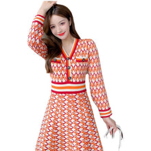 Load image into Gallery viewer, Autumn and Winter Vintage Print Hit The Color High Waist Mini Dress Women V-neck Button Slim Knitting Dresses Female Vestidos