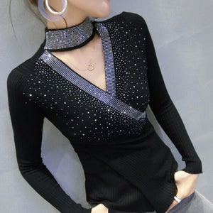 Autumn winter 2021 New women sweaters Fashion sexy v-neck diamond knitted shirt Elegant slim women's pullovers