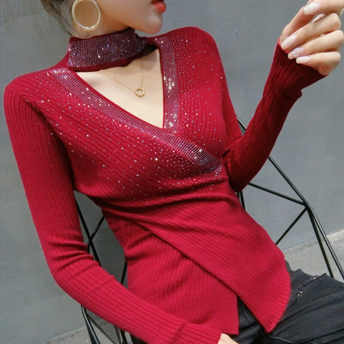 Autumn winter 2021 New women sweaters Fashion sexy v-neck diamond knitted shirt Elegant slim women's pullovers