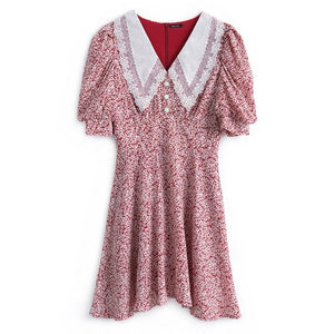Awarose Floral Print Lace Lapel Puff Sleeve Summer Mini Dress 2021 Lady High Waist Casual A-LIne Elegant Vintage Dresses Women