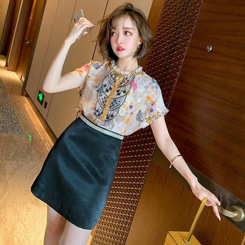 Awarose Lady Elegant Clothes Set Summer Short Sleeve Lace Flower Print Top T-shirt 2 Two Piece High Waist Black Skirt Women Suit