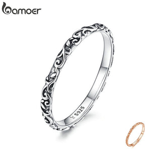 BAMOER Engraved Pattern Ring Real 925 Sterling Silver Black Tibetan Silver Small Finger Rings Unisex Fine Jewelry SCR513