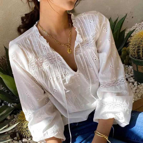 new white blouse women long sleeve hollow out cotton spring summer tops new boho blouse V-neck tassel blouse shirt