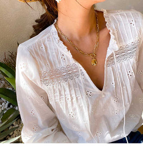 new white blouse women long sleeve hollow out cotton spring summer tops new boho blouse V-neck tassel blouse shirt