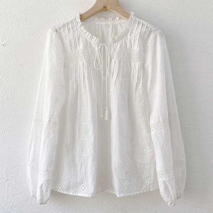 new white blouse women long sleeve hollow out cotton spring summer tops new boho blouse V-neck tassel blouse shirt
