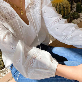 new white blouse women long sleeve hollow out cotton spring summer tops new boho blouse V-neck tassel blouse shirt