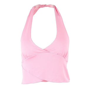 Bandage Halter Neck Cami Top Female Vest V-Neck Sleeveless Crop Top Backless Pink Cute Top Sexy Womens Clothing 2021